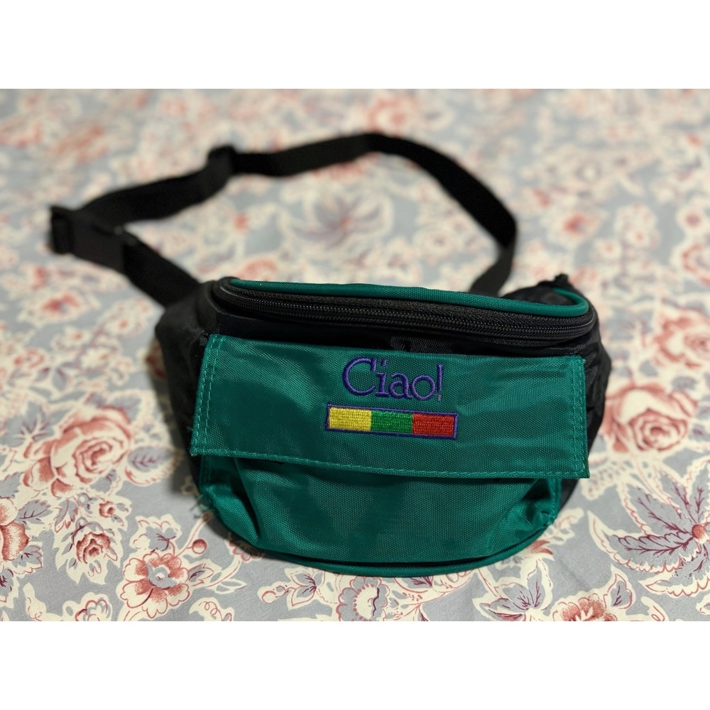 Vintage Ciao ! Fanny Pack Crossbody Bag 2 Pockets Zip Green Black Colorful Dad